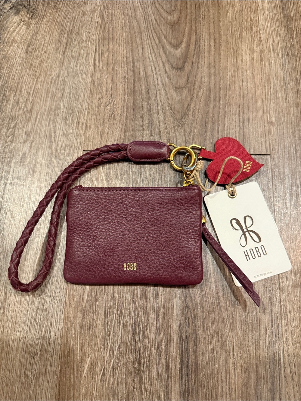 Hobo "Love" Small Zip Coin Purse Card Holder Wristlet in Mulberry Glaze
